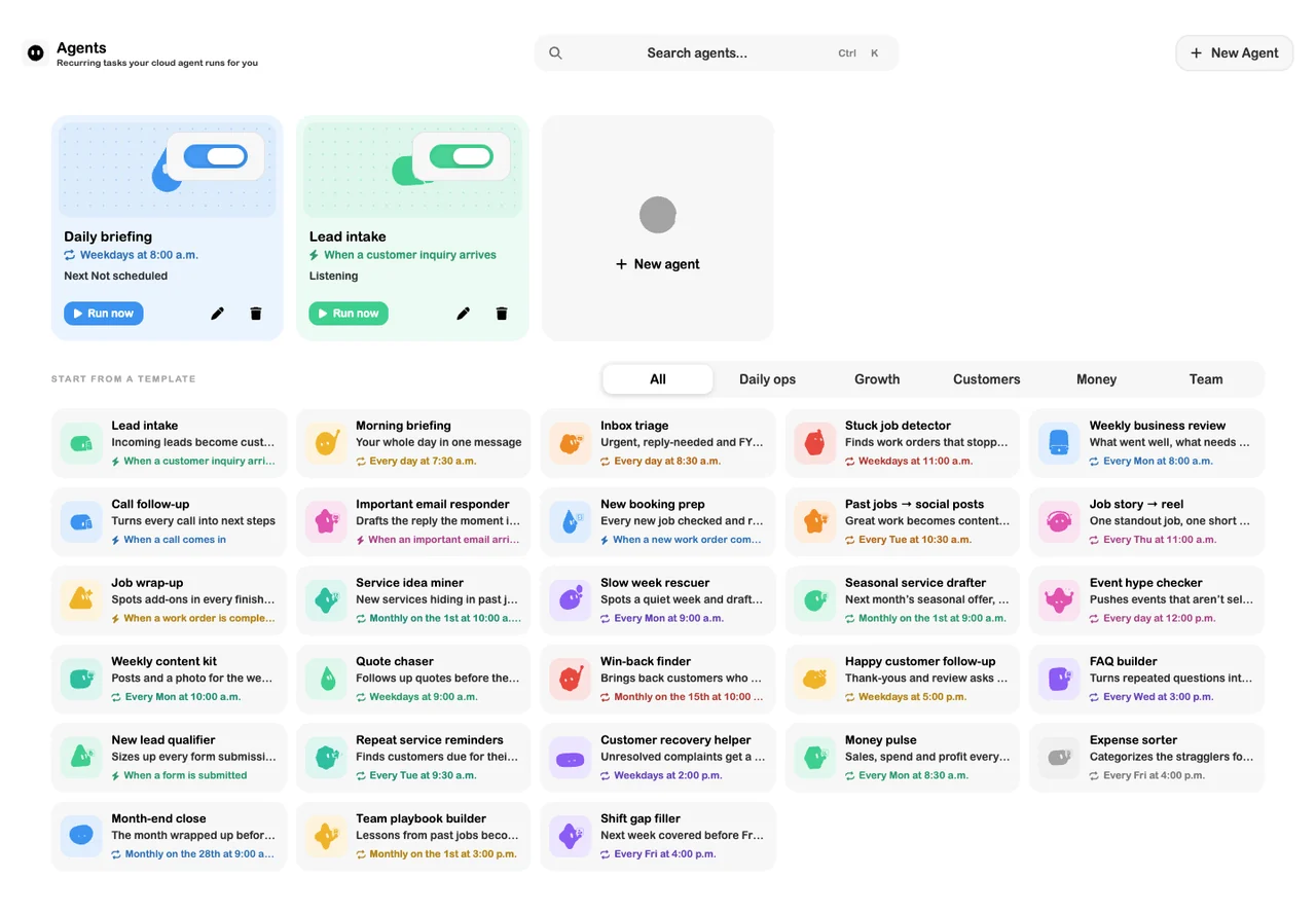 SRVZr agent templates including service ideas, FAQ builder and team playbooks