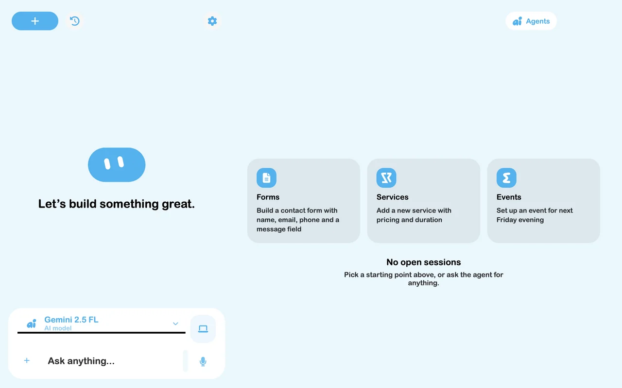 SRVZr AI workspace with the assistant, model selection and starter prompts