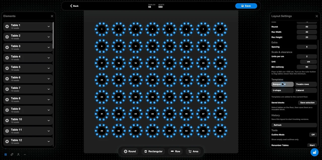 SRVZr event layout builder with a banquet seating plan and layout controls