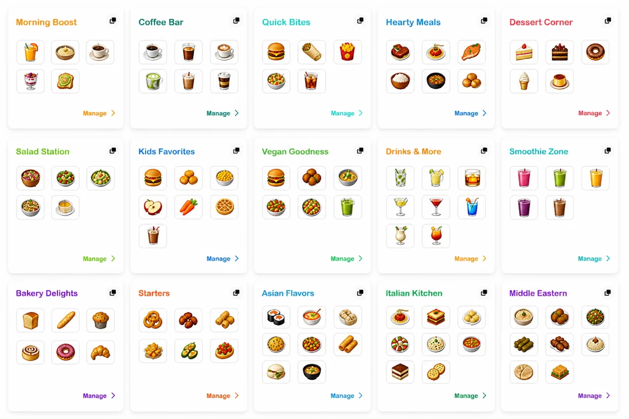 SRVZr menus organized into food and drink collections