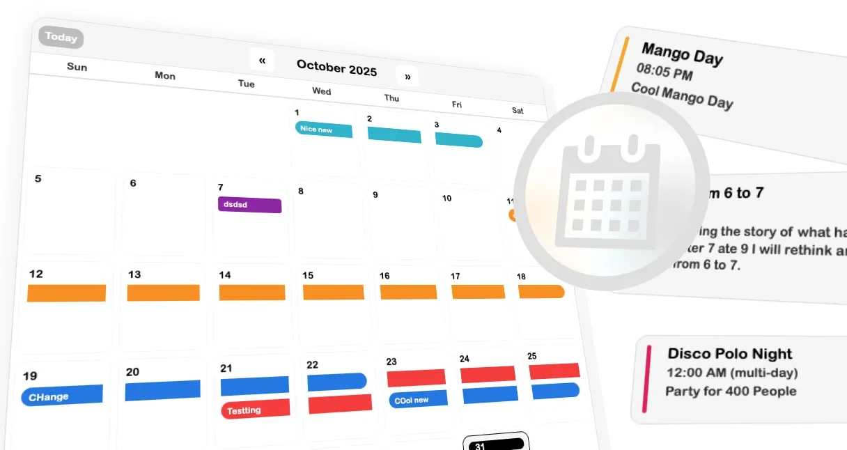 SRVZr Calendar showing scheduled events and their details