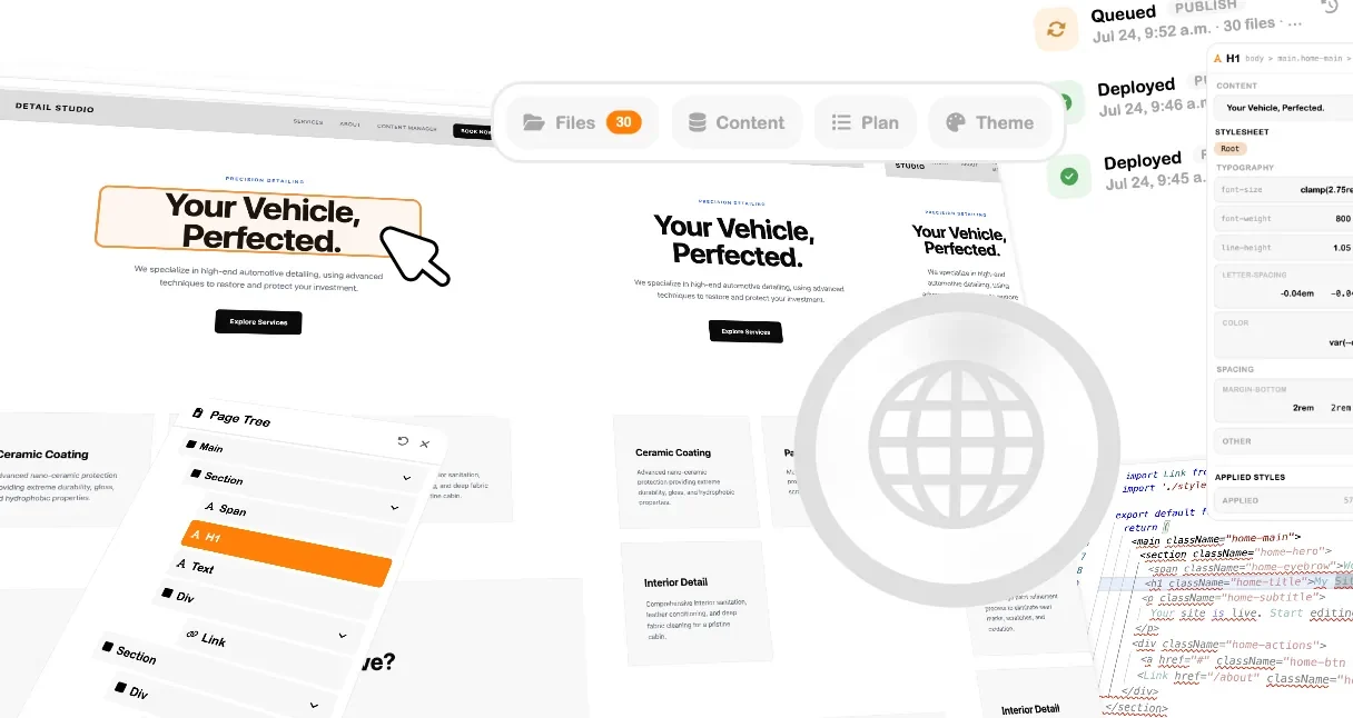 SRVZr website builder interface and website preview