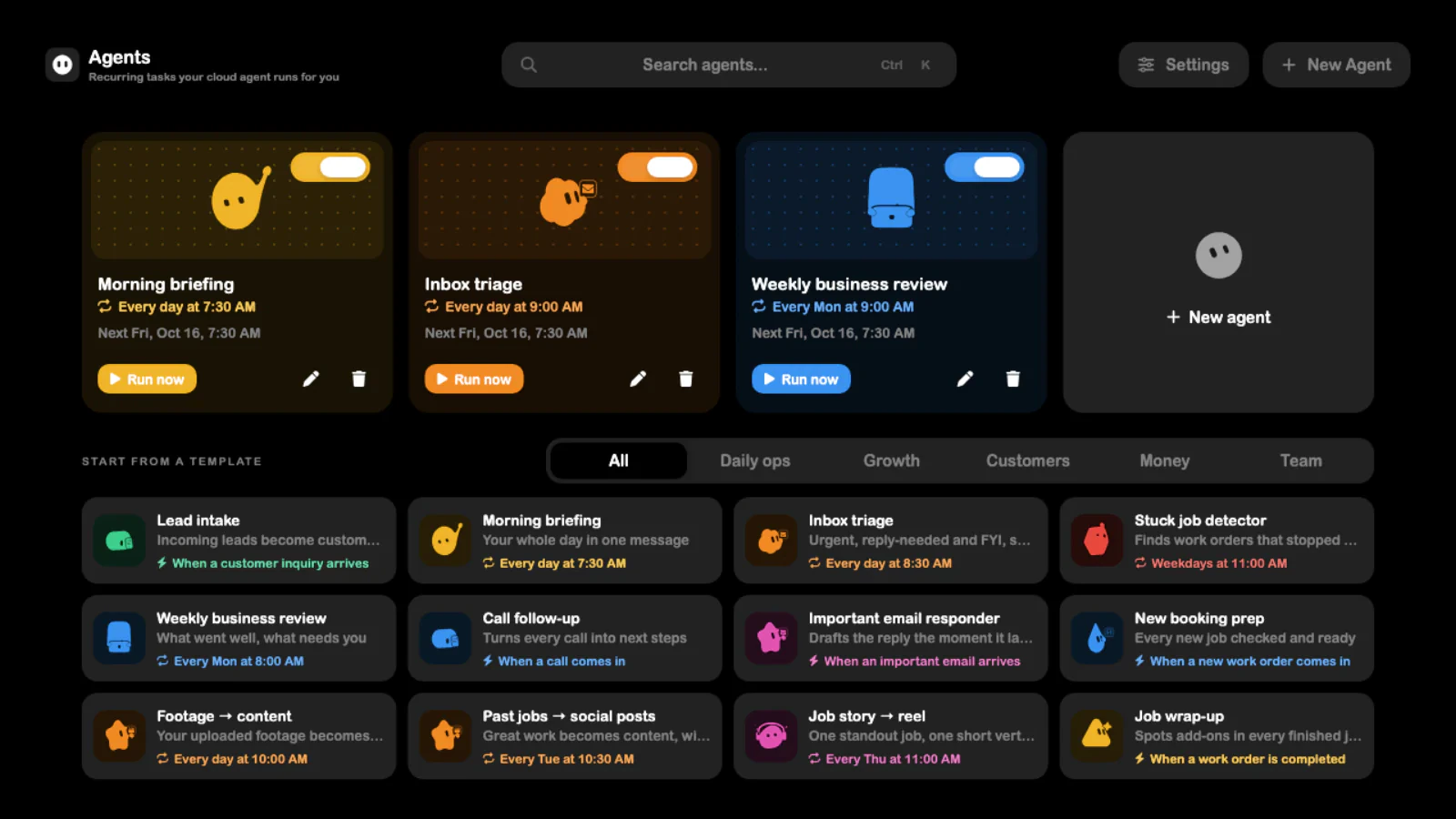 SRVZr Agents workspace showing morning briefing, inbox triage, and weekly business review agents
