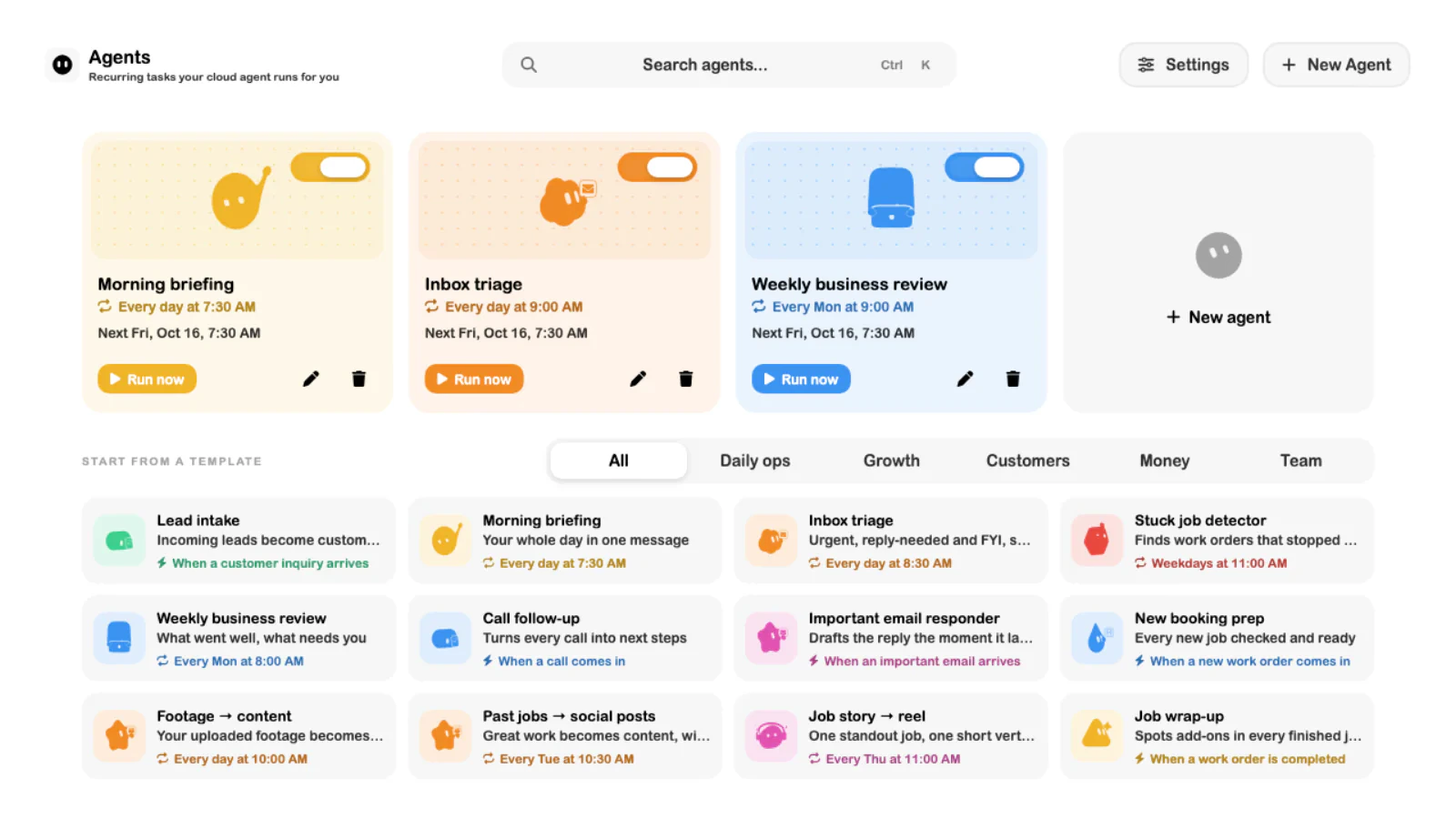 SRVZr Agents workspace showing morning briefing, inbox triage, and weekly business review agents