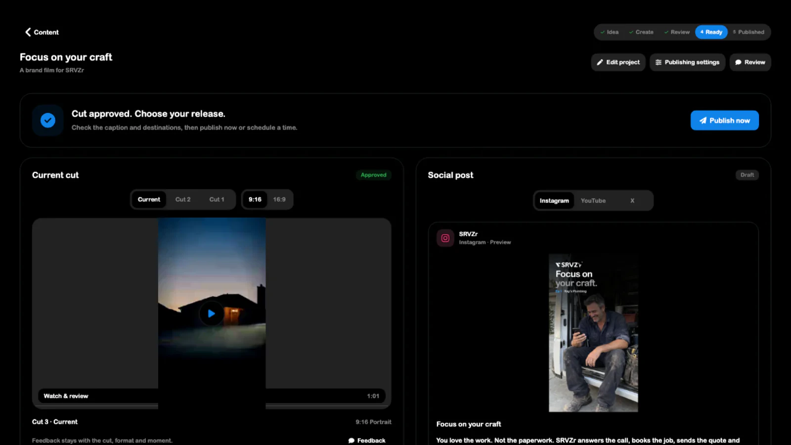 SRVZr content project with video cuts, review controls, and a social post preview
