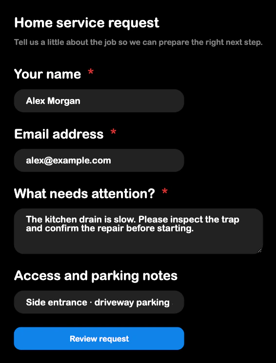 SRVZr service intake form with a customer's request, email, and access notes