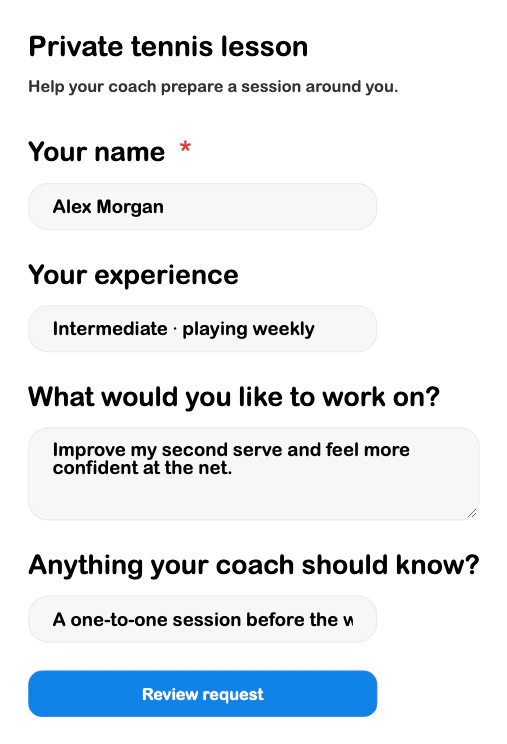 SRVZr lesson booking form showing a tennis student's experience, goals, and coaching notes
