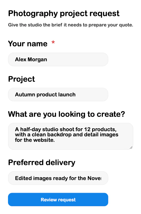 SRVZr photography project intake form with a product-shoot brief and delivery requirements