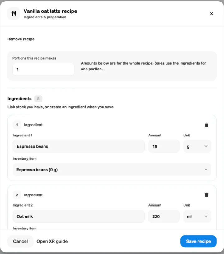SRVZr recipe editor showing ingredient amounts and linked inventory for a vanilla oat latte