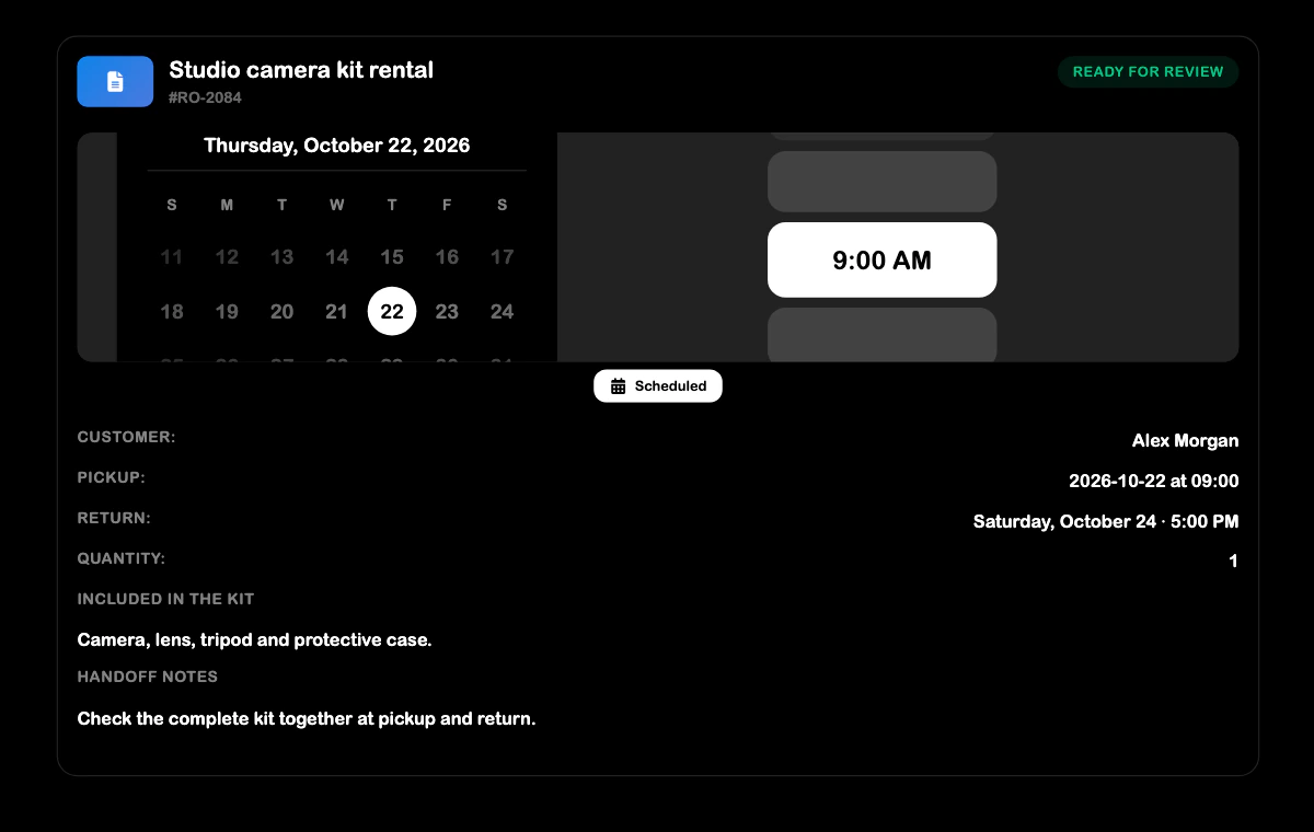 SRVZr rental work order showing camera-kit pickup, return, quantity, included equipment, and handoff notes