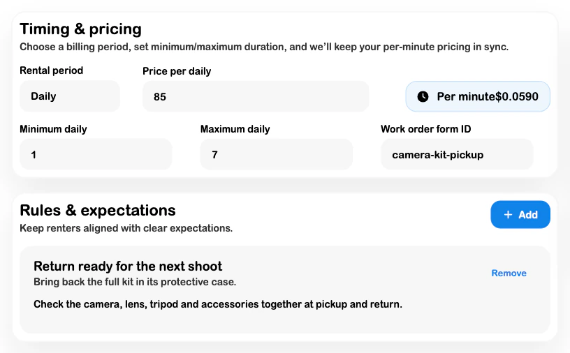 SRVZr rental setup with daily pricing, minimum and maximum duration, and return rules