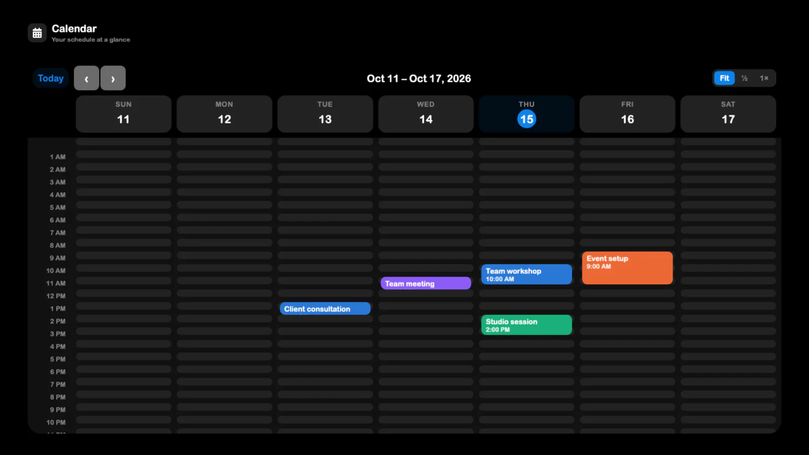 SRVZr weekly calendar with workshops, studio sessions, an event setup, and a team meeting