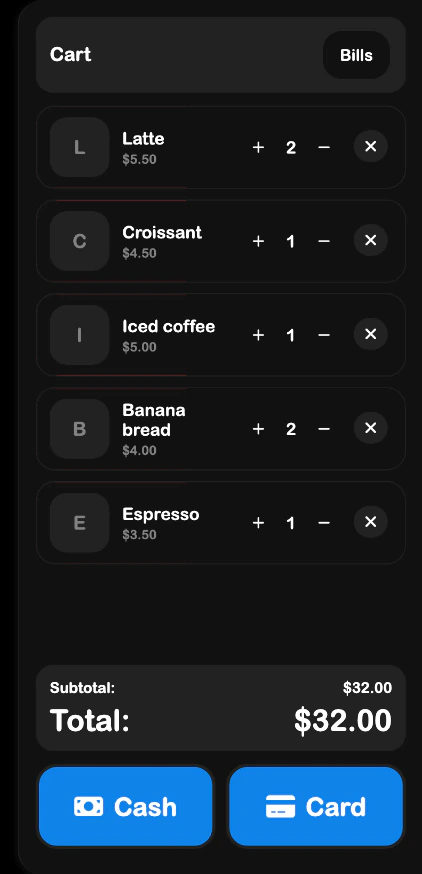 SRVZr Terminal cart showing café items, quantities, a sample total, and cash and card controls