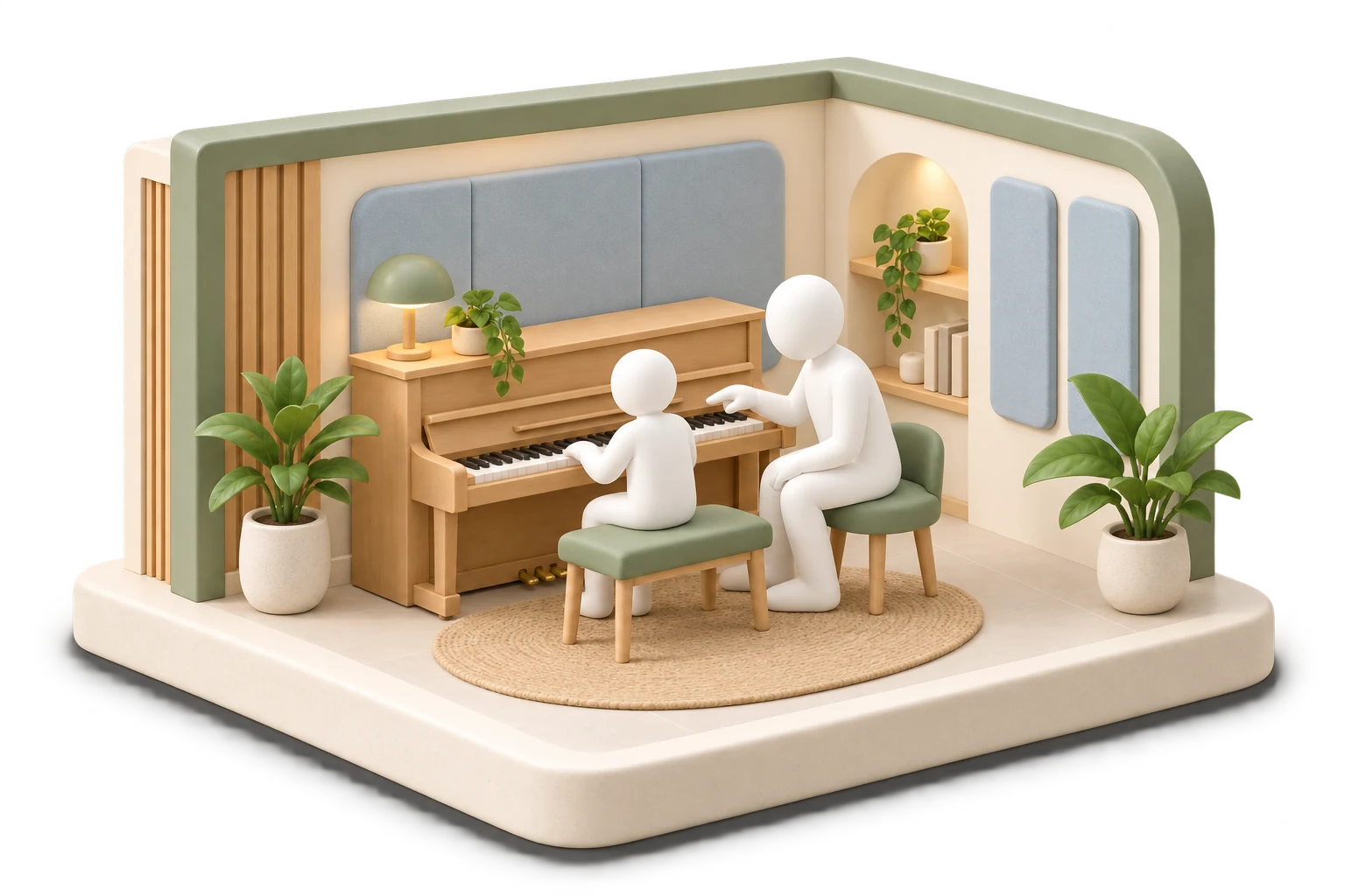Soft 3D illustration of a music tutor giving a one-to-one piano lesson in a compact studio