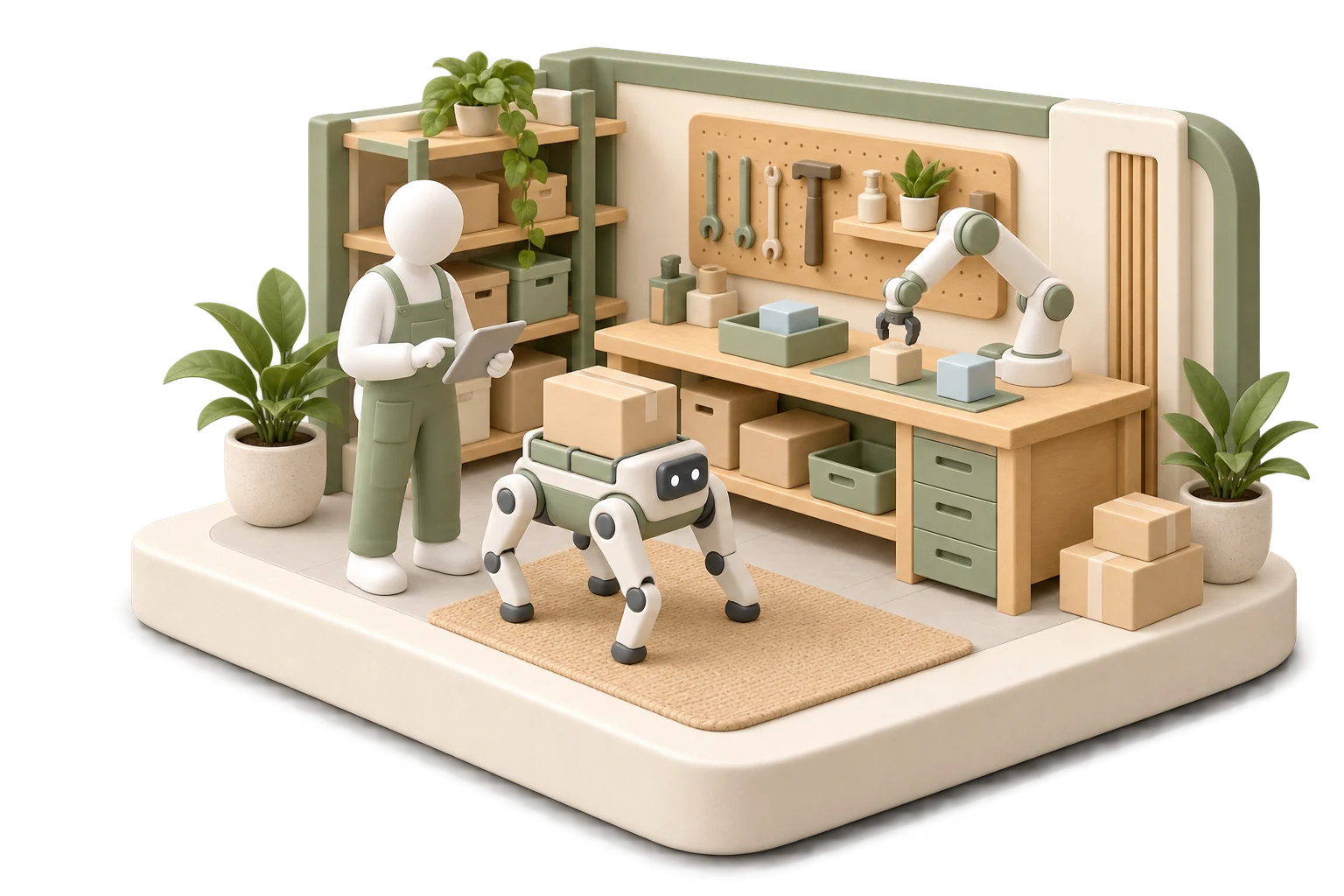 Soft 3D illustration of a human operator supervising a compact robot dog and a workshop robotic arm