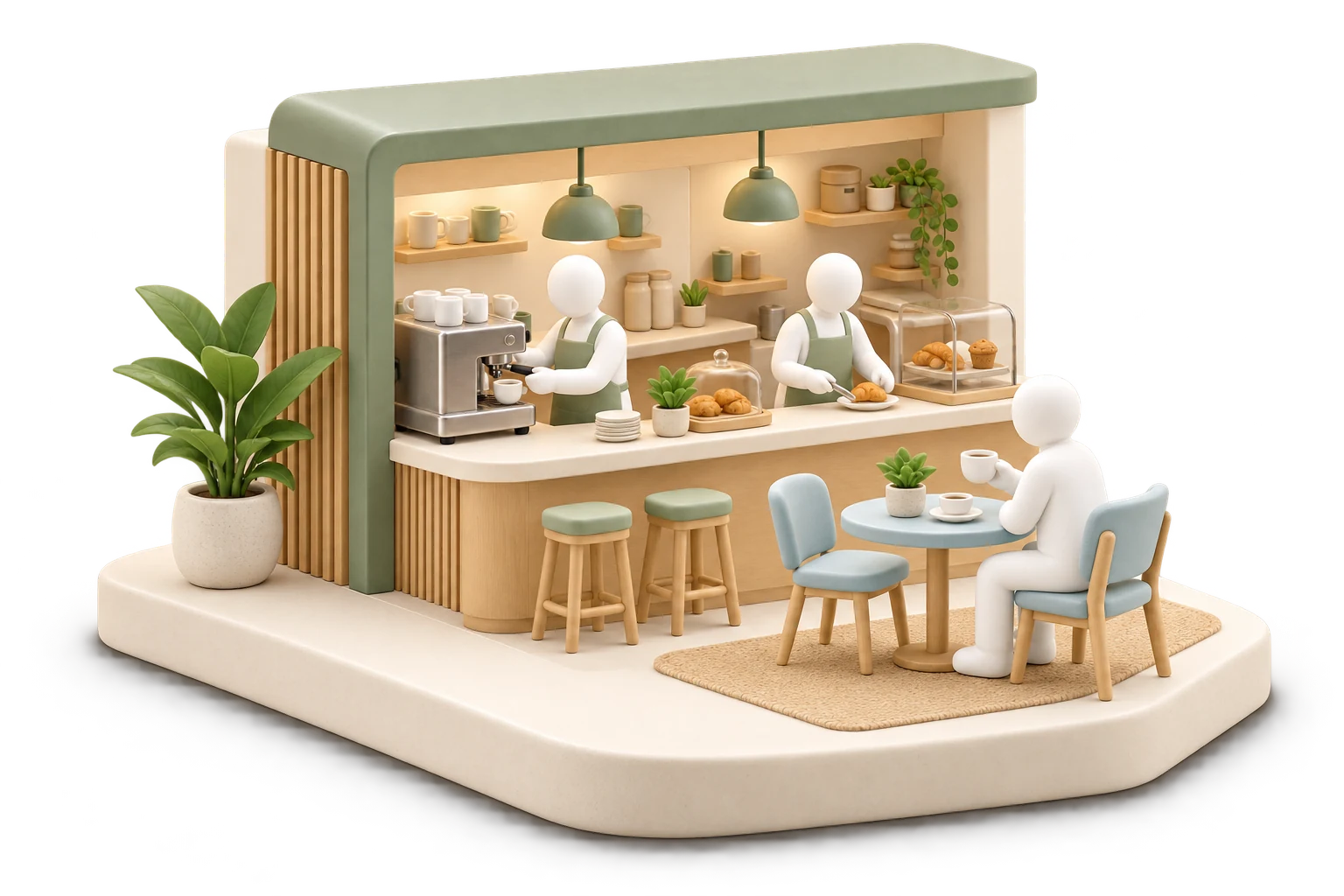 Soft 3D illustration of a café team preparing coffee and food at a rounded counter for a customer