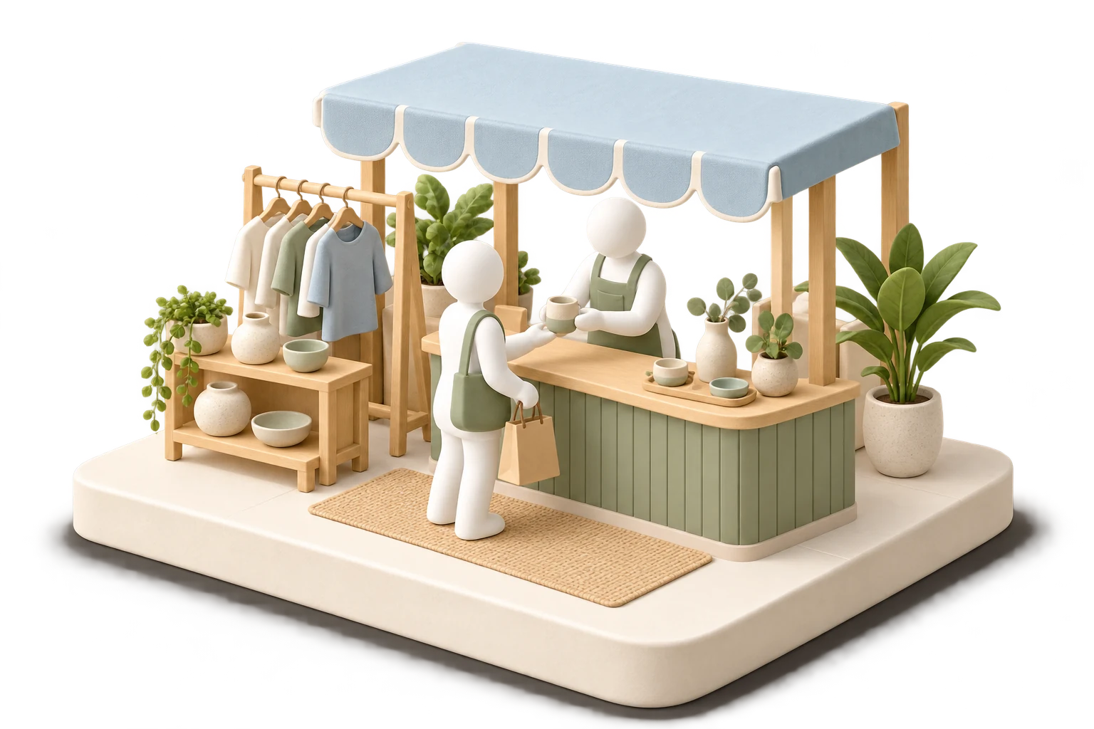 Soft 3D illustration of an independent pop-up vendor serving a customer under a pale-blue canopy