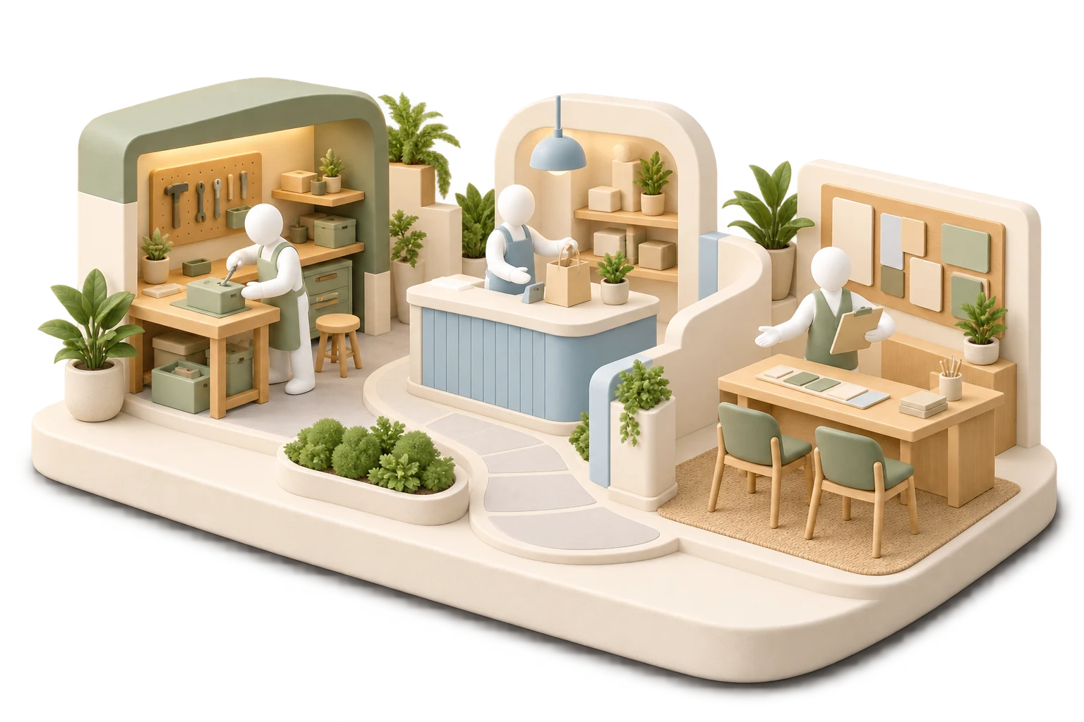 Soft 3D illustration of a manager coordinating staff across three compact connected workplaces