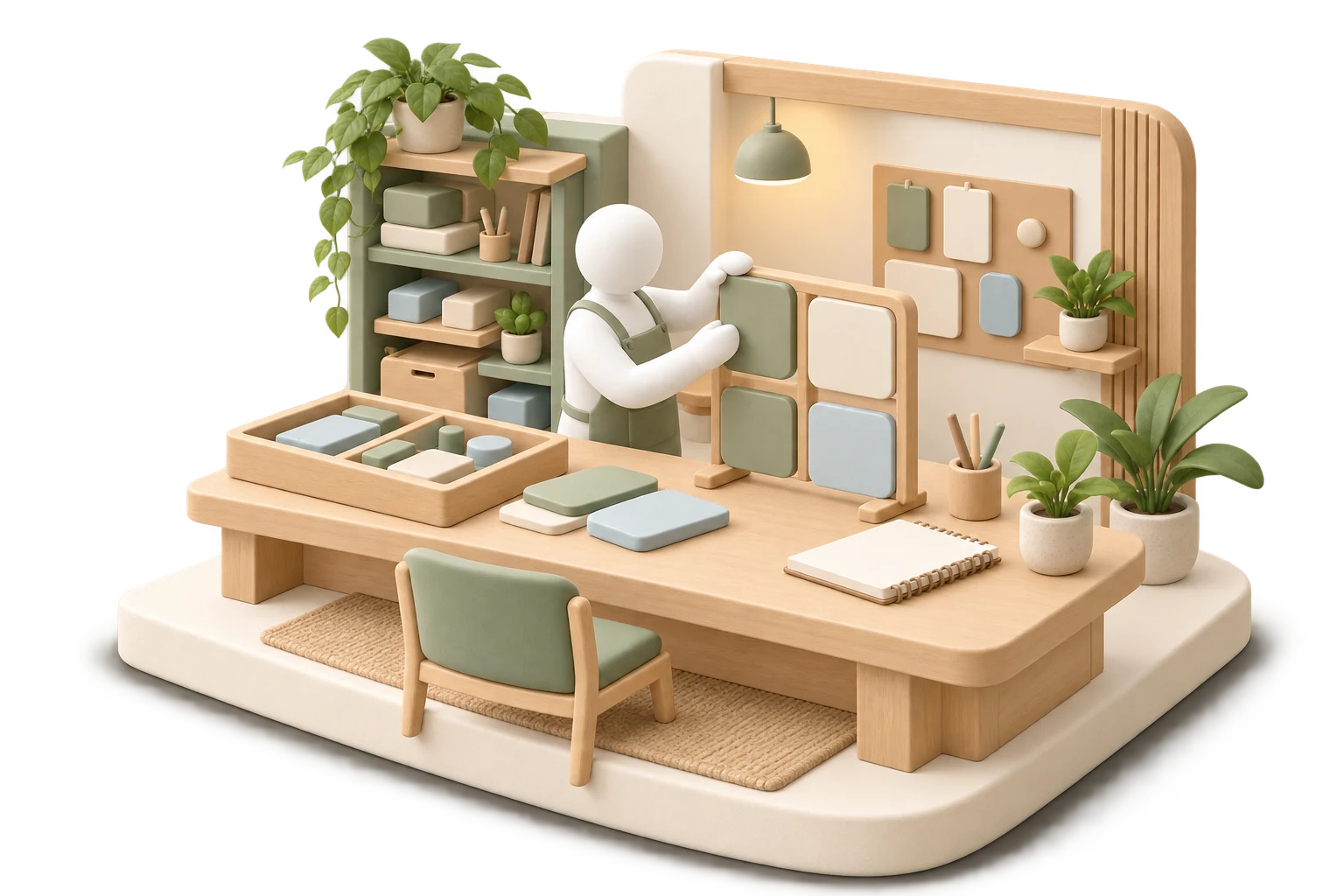 Soft 3D illustration of a business owner arranging modular panels and tools at a design desk