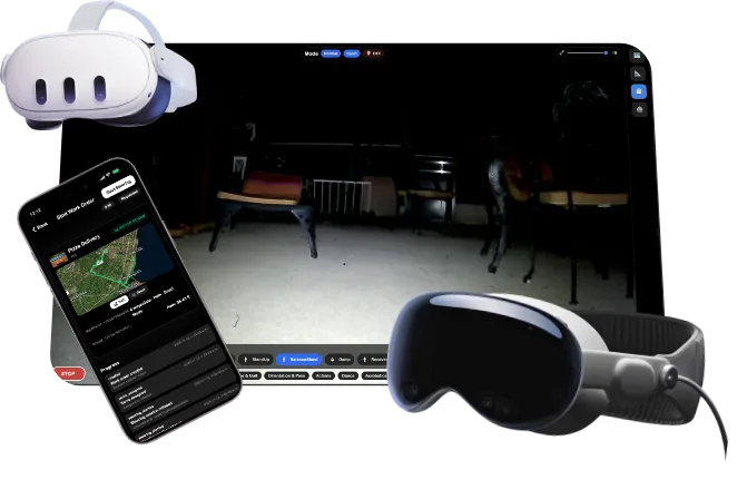 Remote robot controls shown across a headset, phone, and command-center screen