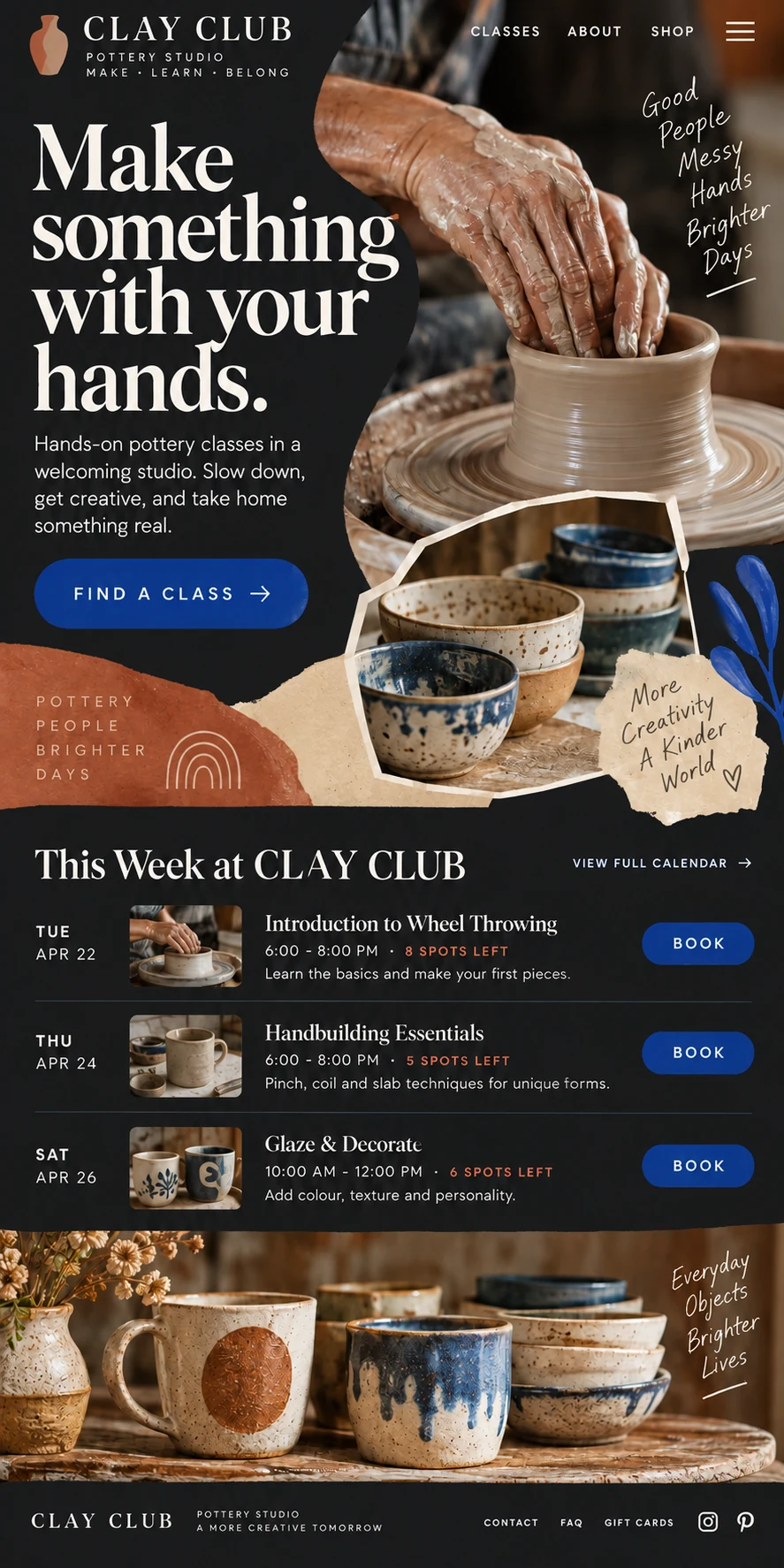 Original Clay Club mobile pottery studio website with an editorial photo collage and a bookable class calendar