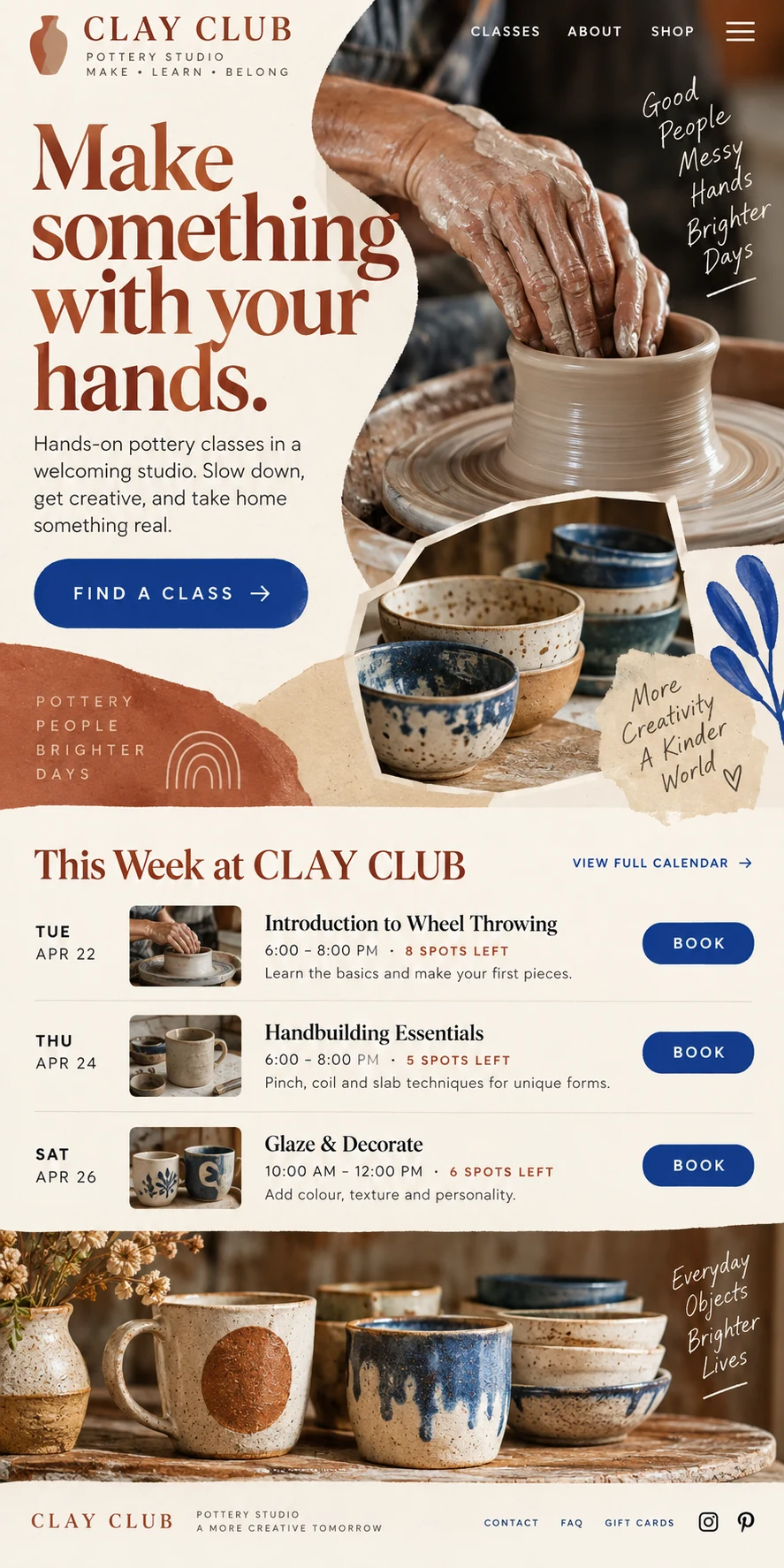 Original Clay Club mobile pottery studio website with an editorial photo collage and a bookable class calendar