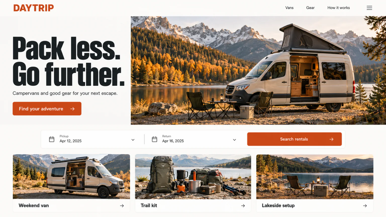 Daytrip outdoor rental website with a campervan by a mountain lake and rental listings