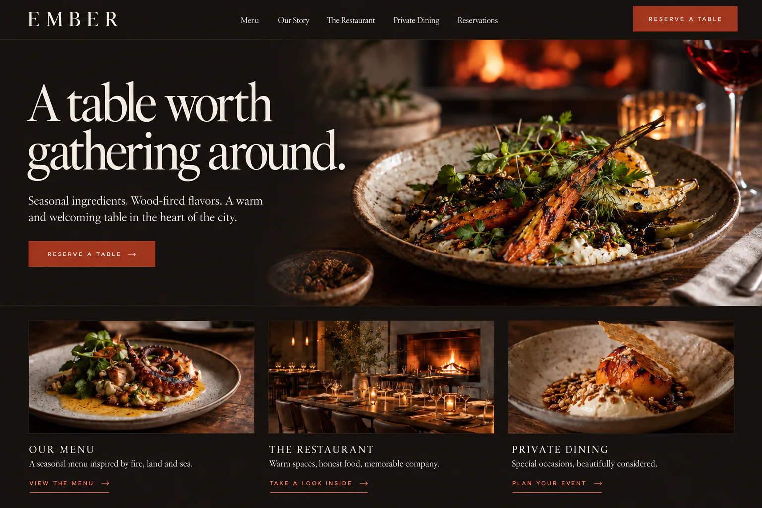 Ember restaurant website with wood-fired food photography and a table reservation button