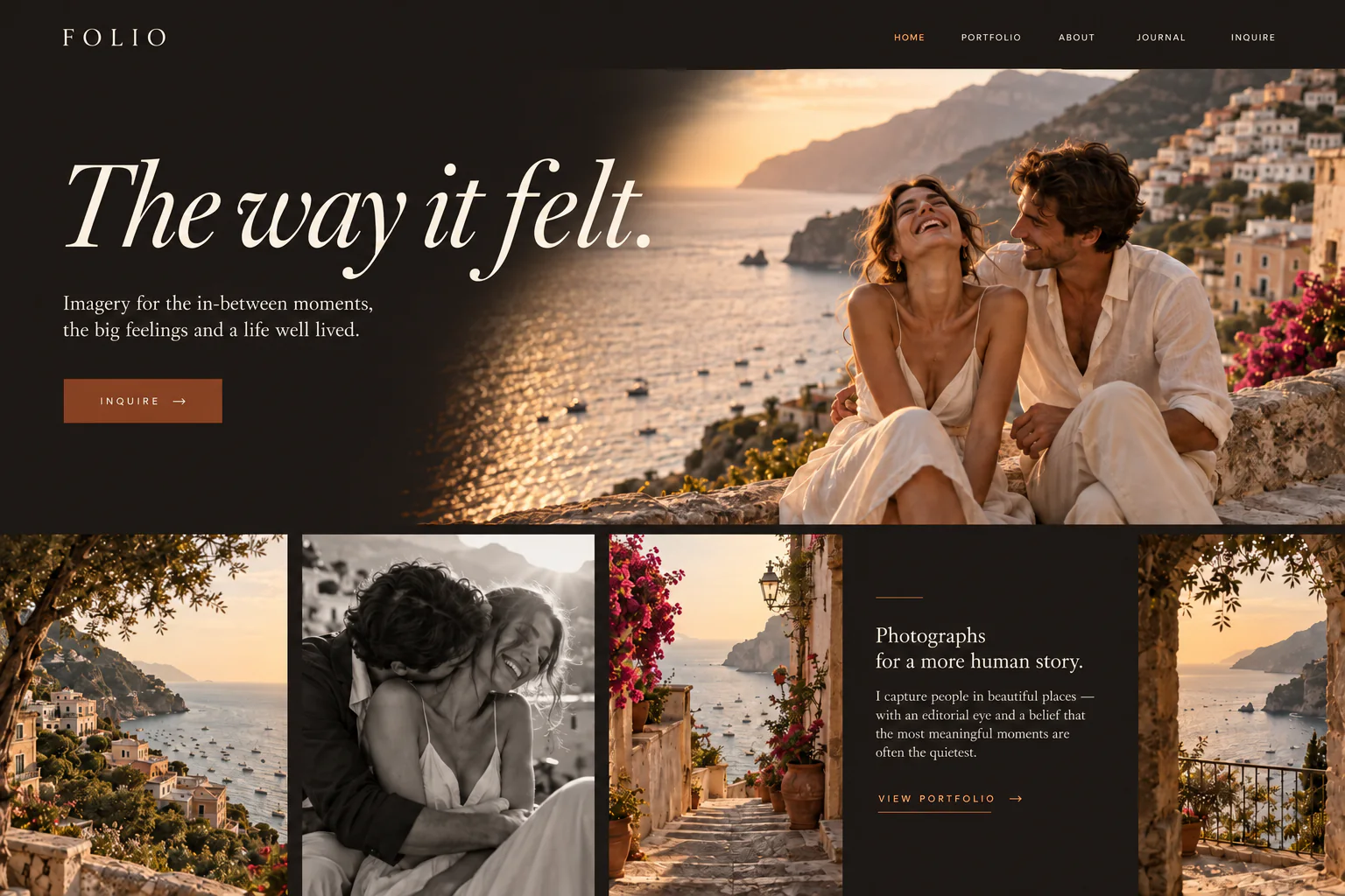 Folio photography portfolio website with a coastal couple portrait and an editorial photo gallery