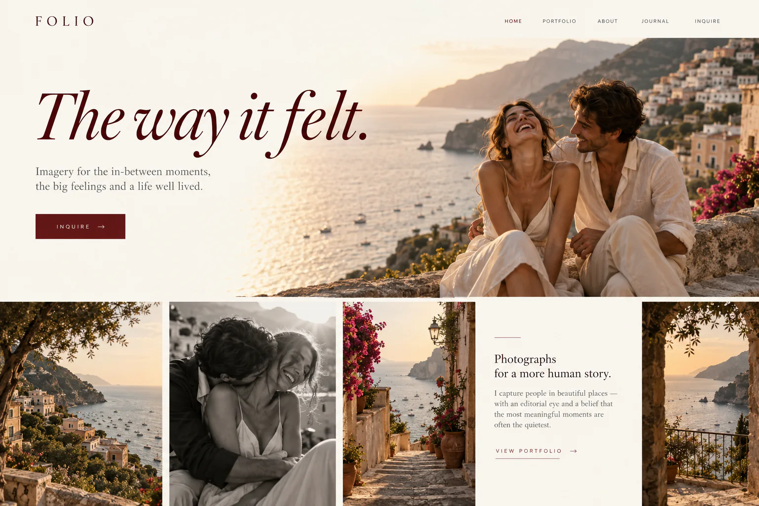 Folio photography portfolio website with a coastal couple portrait and an editorial photo gallery