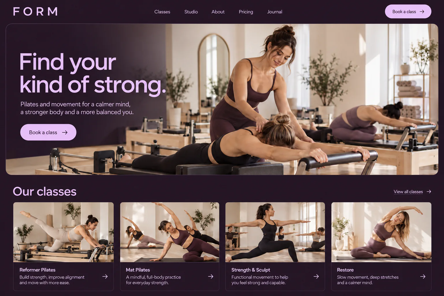 Form Pilates studio website with movement photography and bookable classes