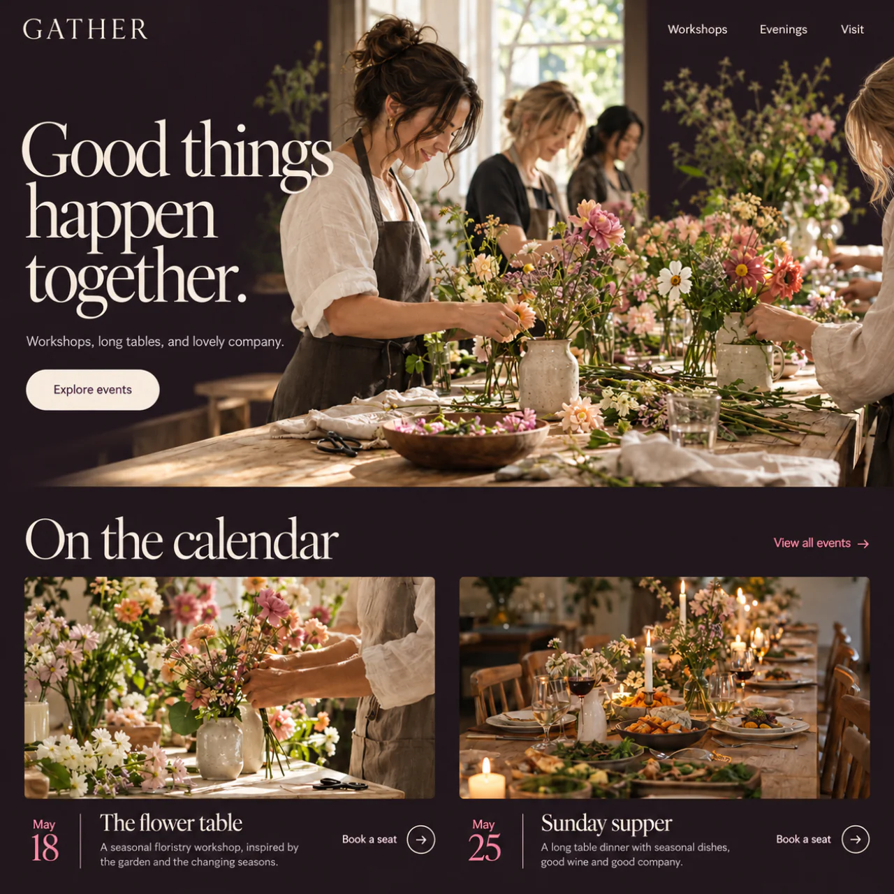 Gather workshop and supper club website with flower arranging photography and bookable events