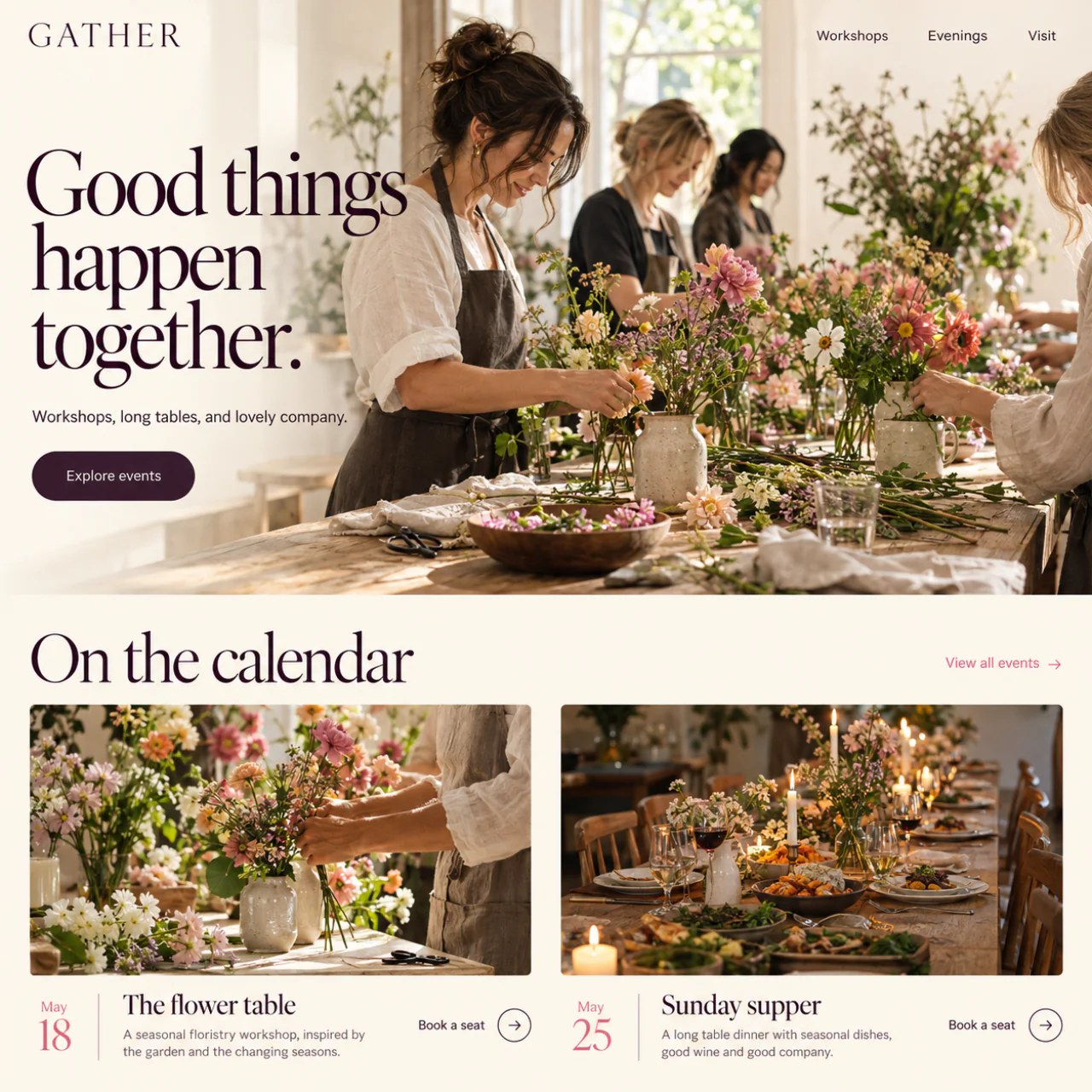 Gather workshop and supper club website with flower arranging photography and bookable events