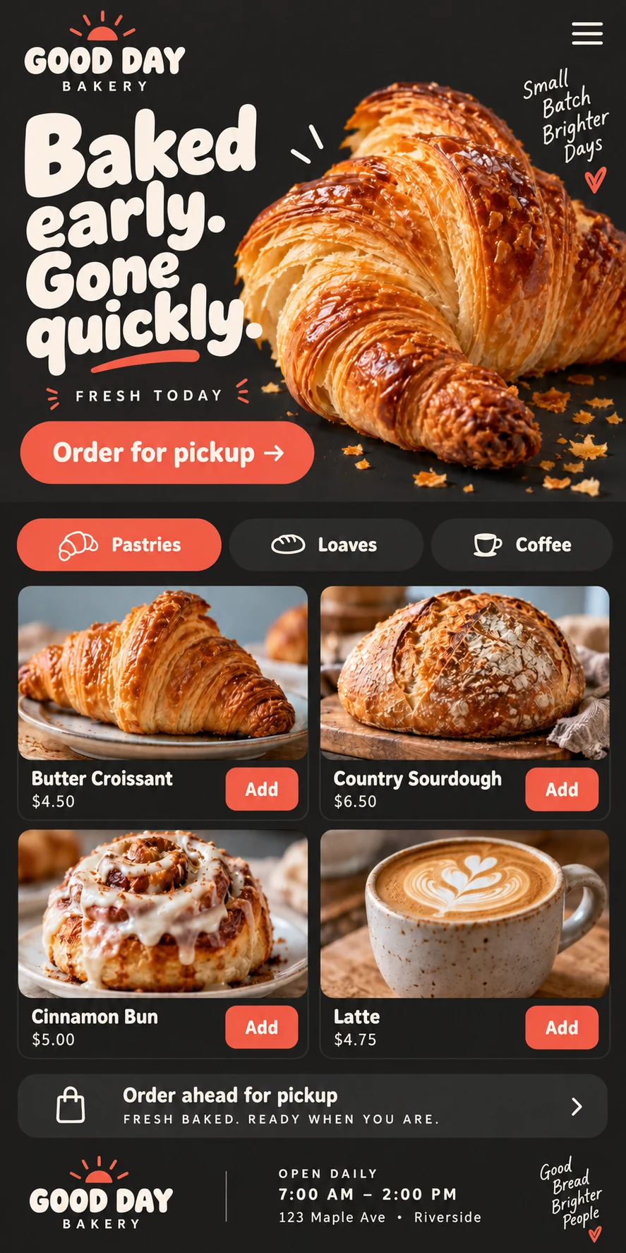 Original Good Day mobile bakery website with playful pastry photography, a product grid and pickup ordering