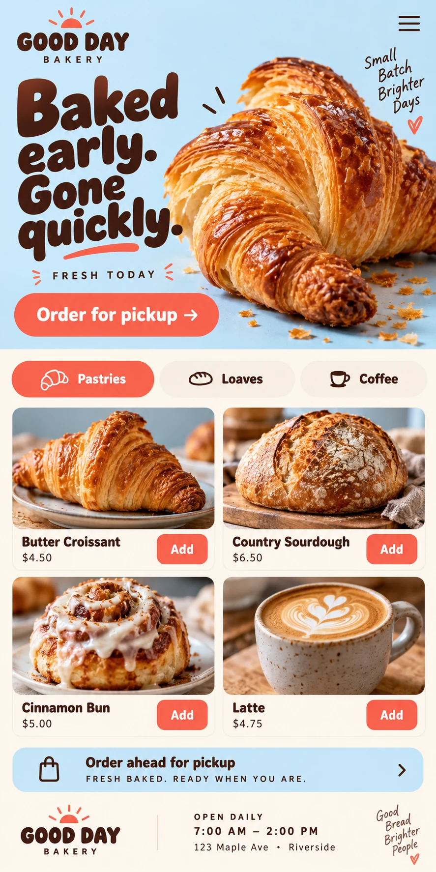 Original Good Day mobile bakery website with playful pastry photography, a product grid and pickup ordering