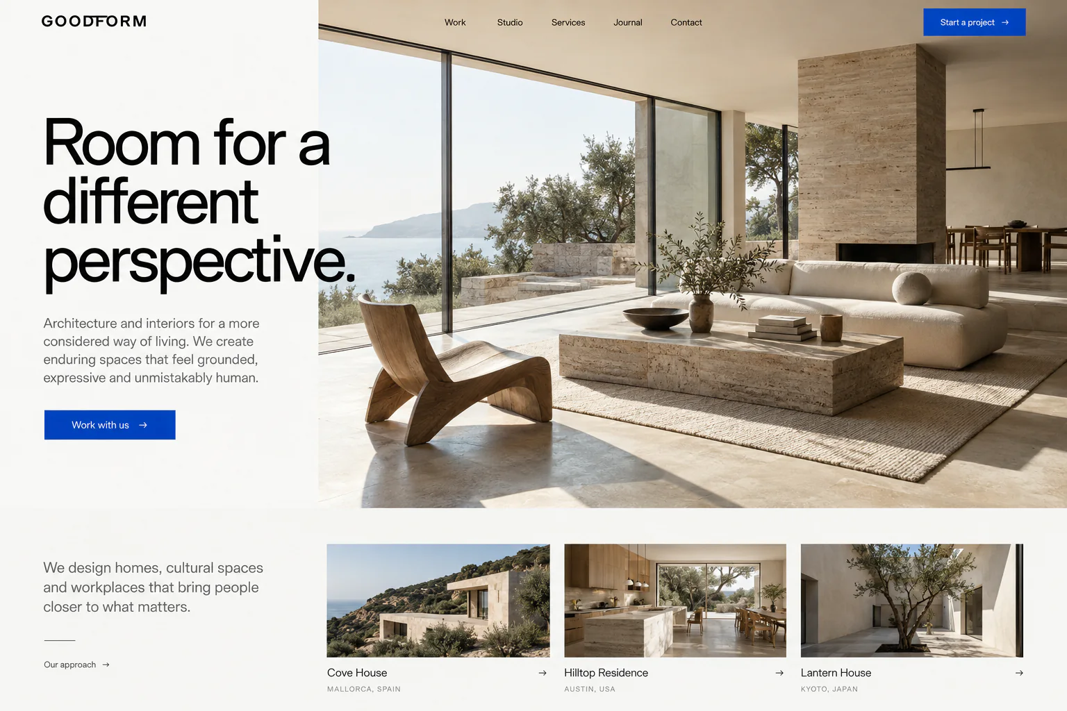 Goodform architecture website with sunlit interiors and an editorial project portfolio