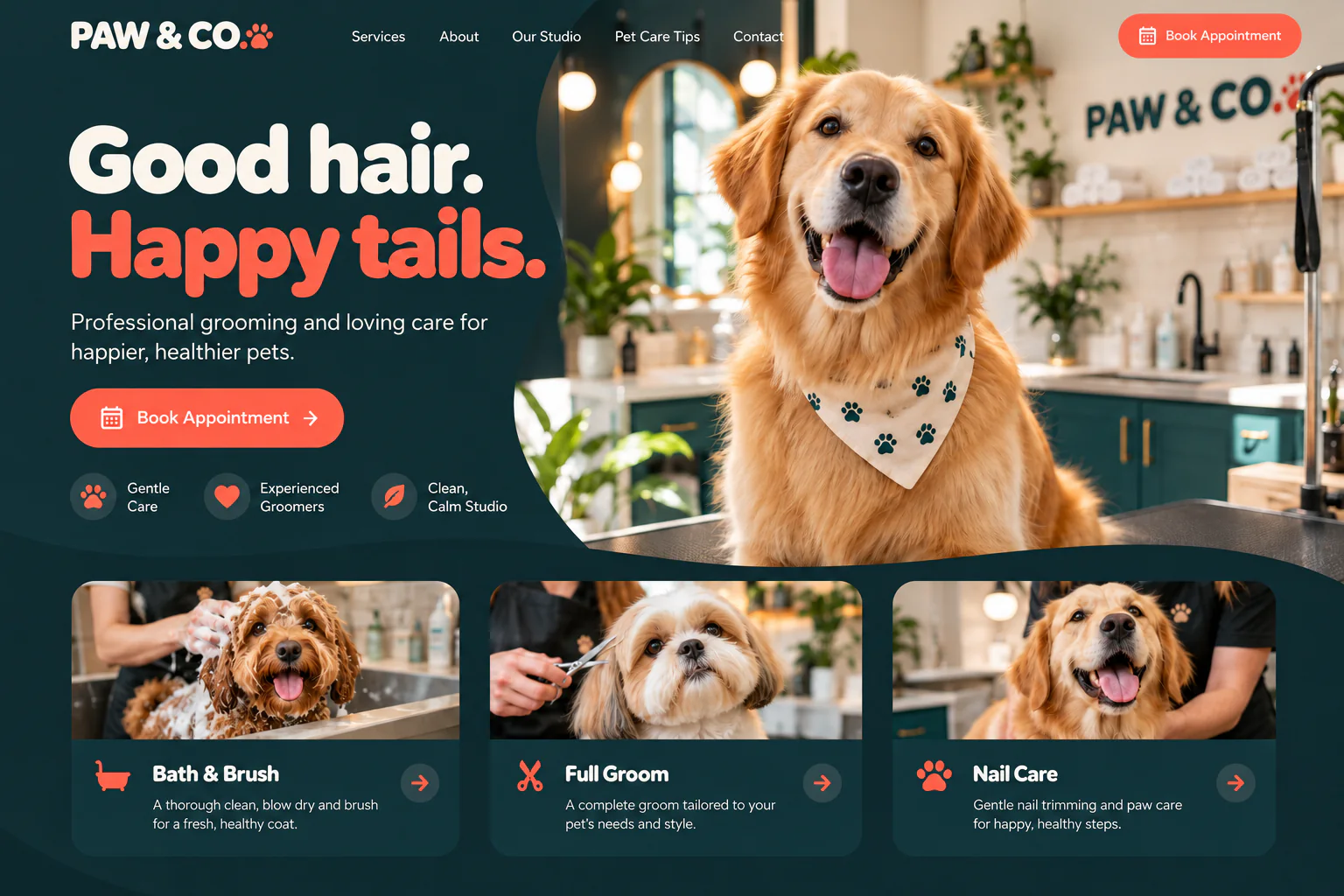 Paw and Co dog grooming website with a golden retriever and appointment booking