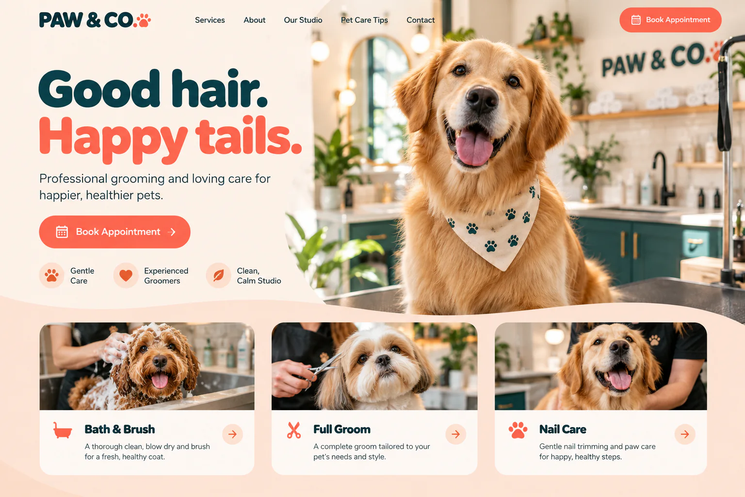 Paw and Co dog grooming website with a golden retriever and appointment booking