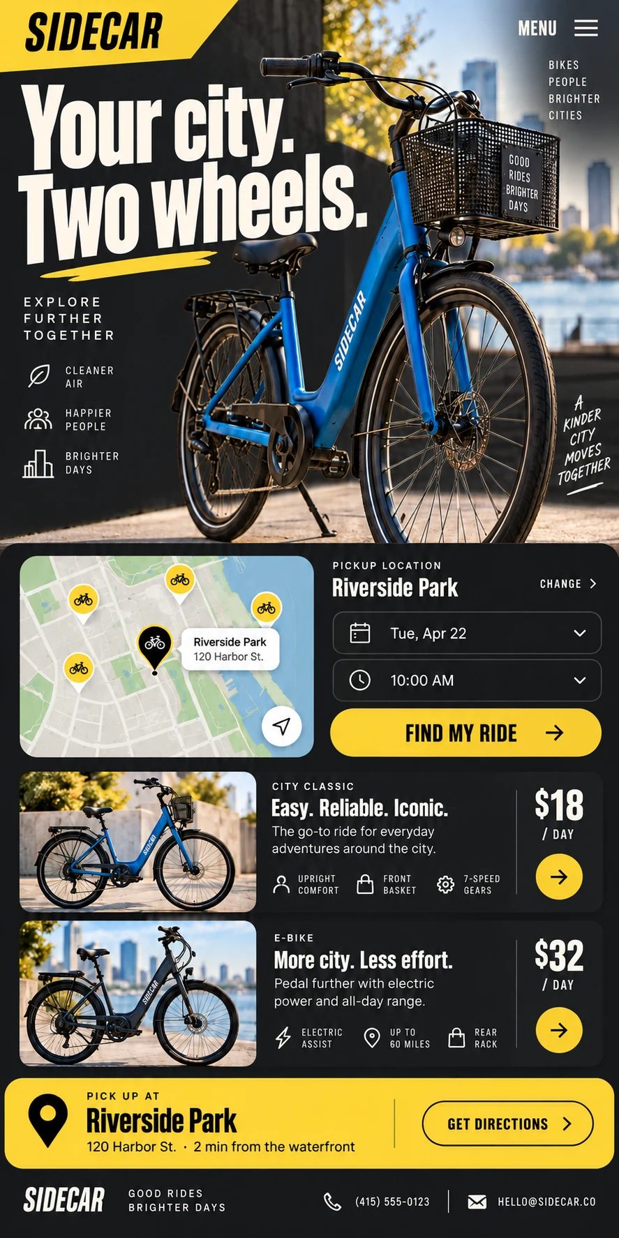 Original Sidecar mobile bike rental website with bold yellow typography, bike photography and a pickup map