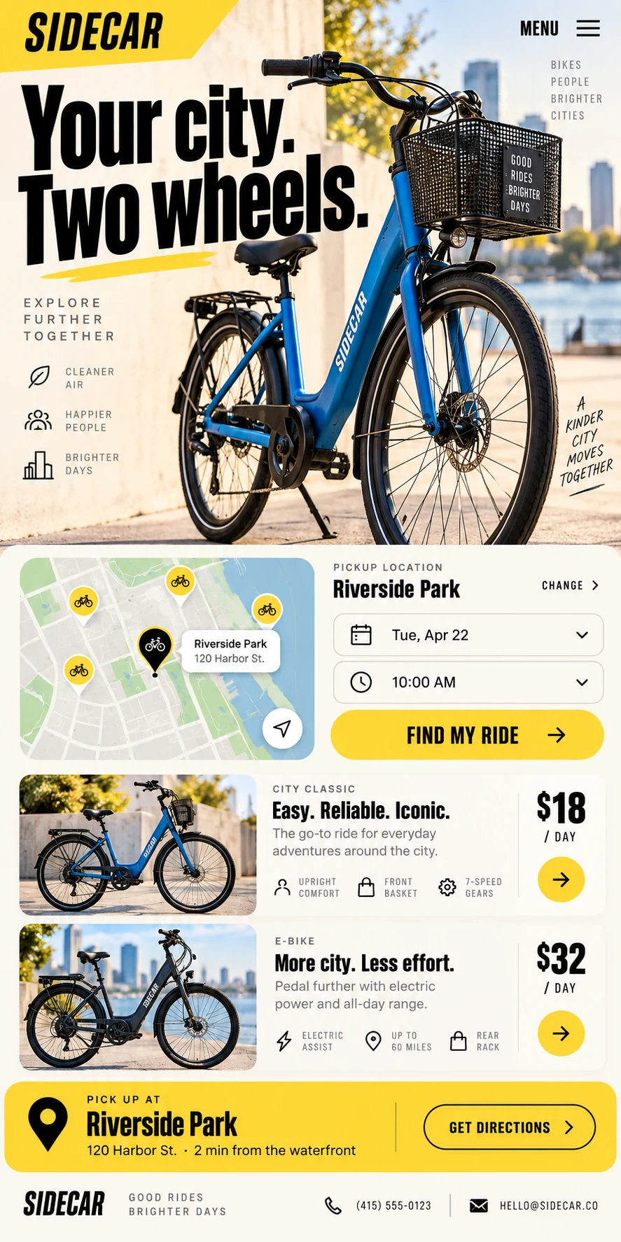 Original Sidecar mobile bike rental website with bold yellow typography, bike photography and a pickup map