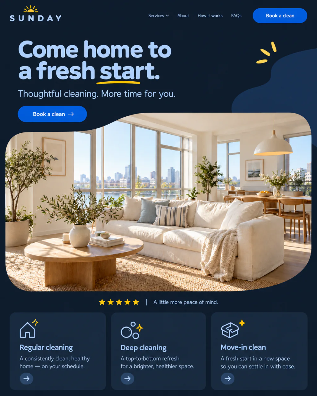 Sunday home cleaning website with a sunlit apartment, booking button, and cleaning service cards