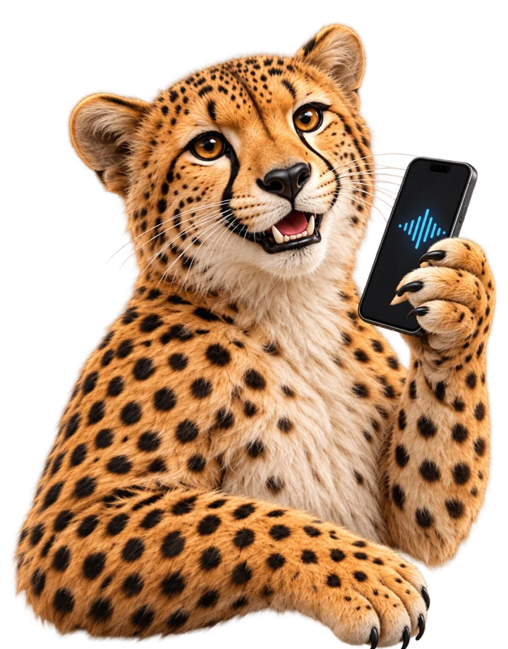 A friendly cheetah speaking into a phone as agents build websites