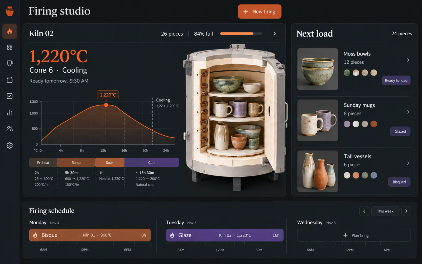 Ceramics studio tool concept with a kiln cutaway, firing curve, and pottery load planner in dark mode