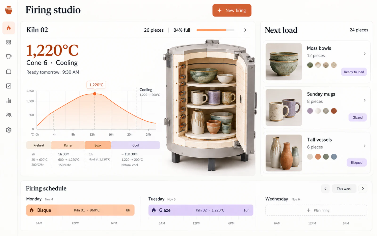 Ceramics studio tool concept with a kiln cutaway, firing curve, and pottery load planner in light mode