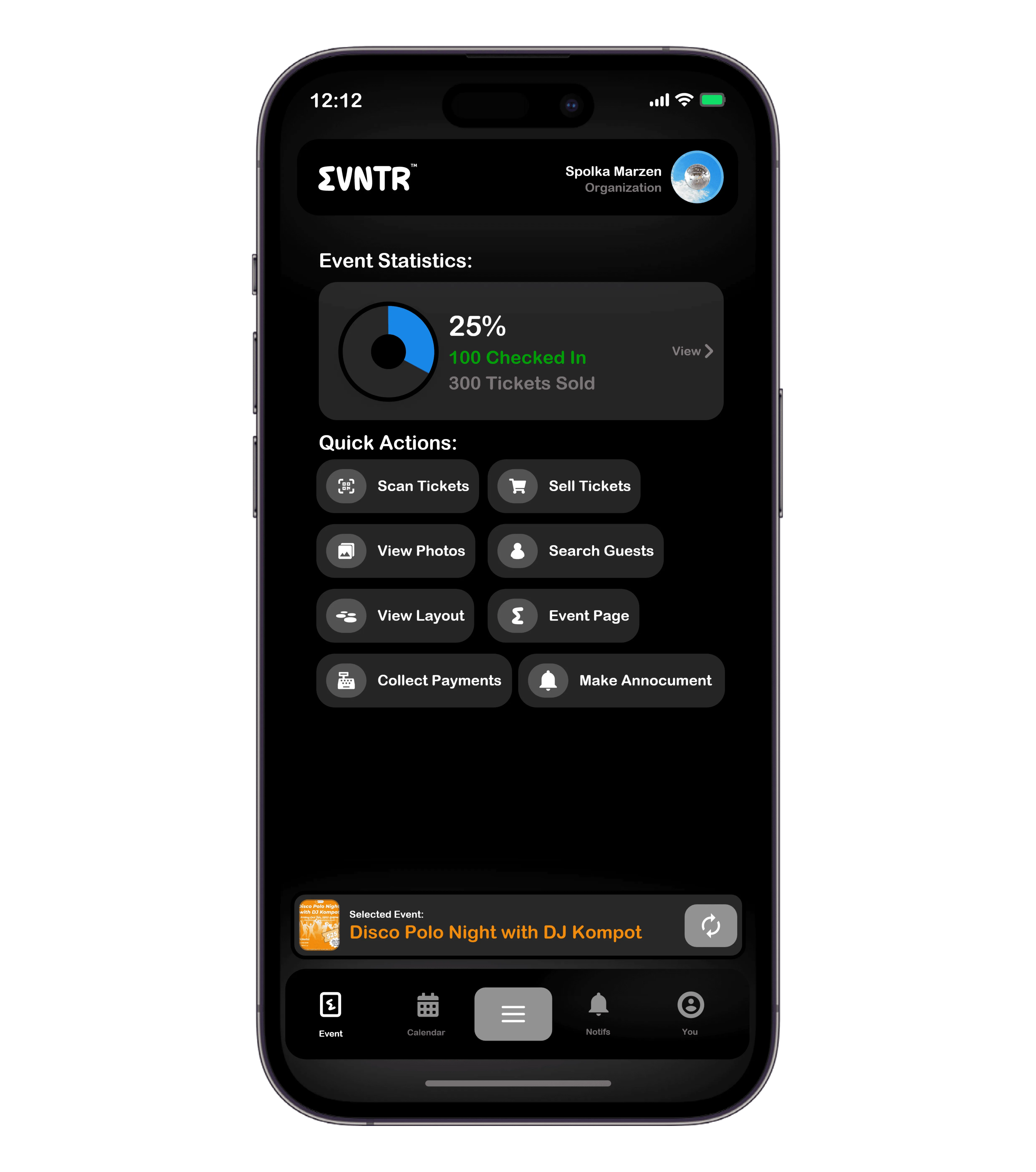 EVNTR app dashboard